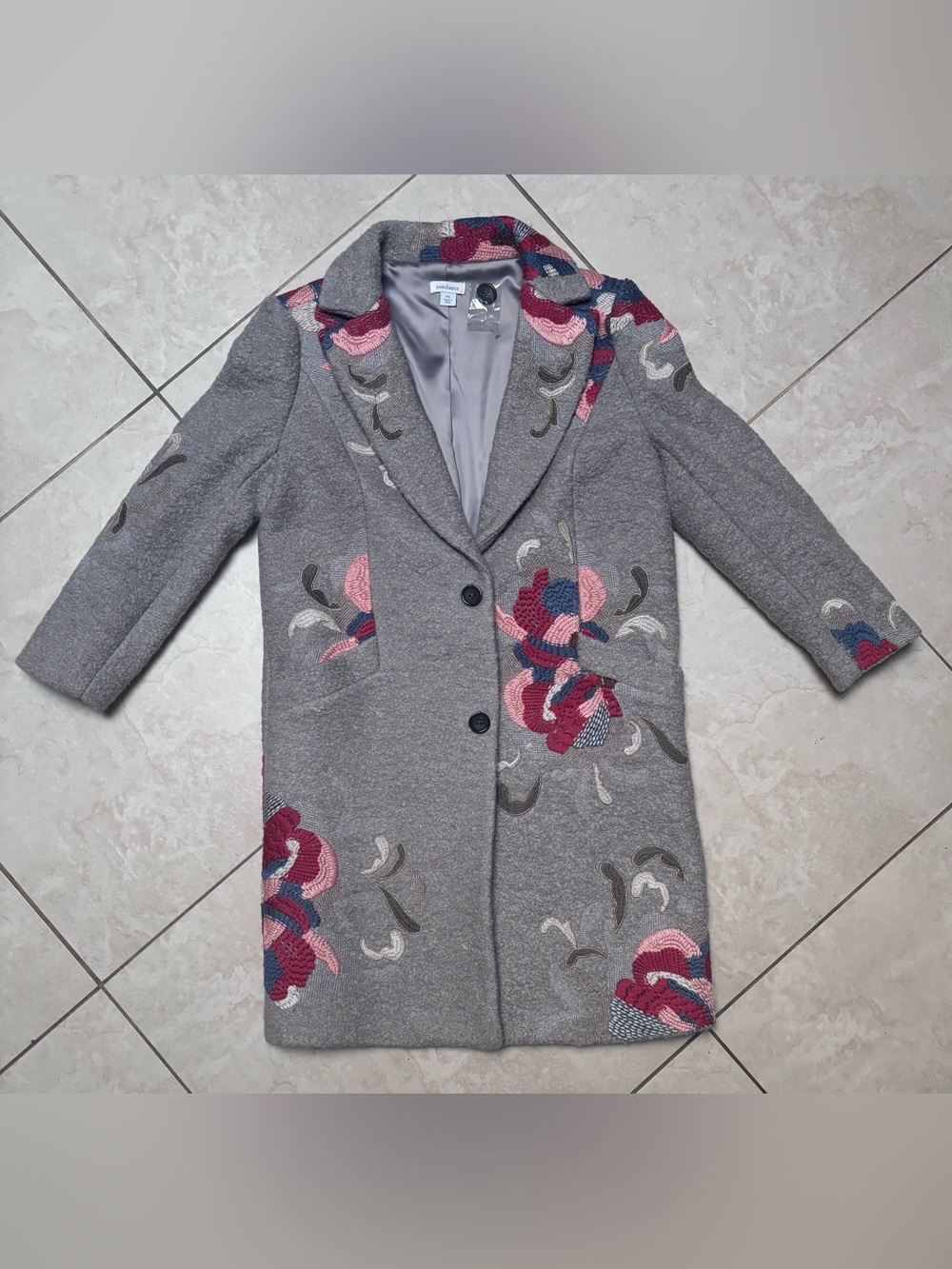 Sundance Gray Coat with Pink & Blue Floral Embroidery